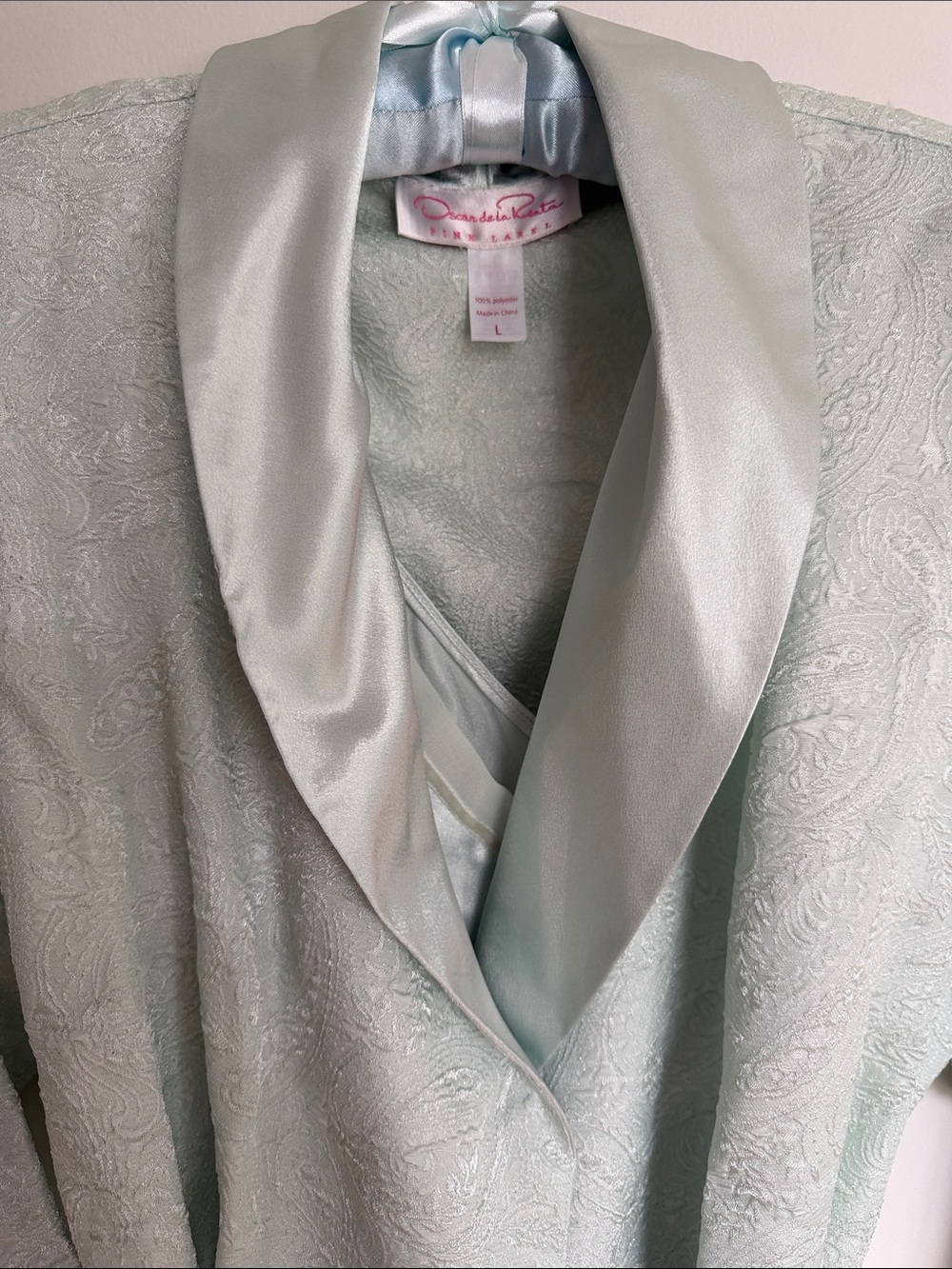 Oscar de la Renta Pale Mint Satin-Trim Paisley  3 pc Set Pants Tank Robe jacket
